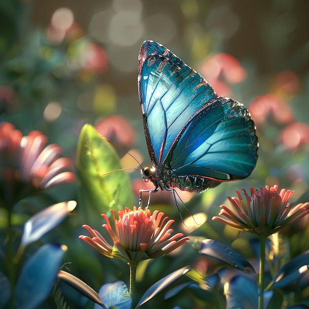 3d rendered photo of A blue butterfly is on a flower with the butterfly on it