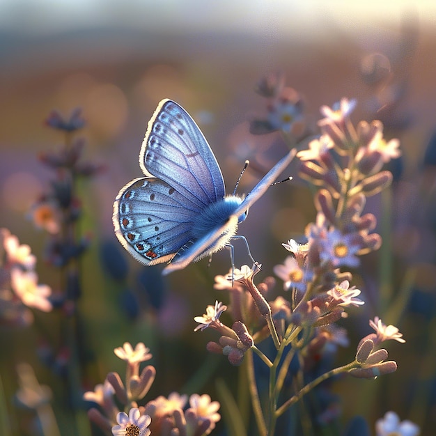 3d rendered photo of A blue butterfly is on a flower with the butterfly on it