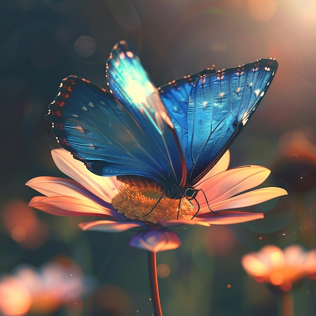 3d rendered photo of A blue butterfly is on a flower with the butterfly on it