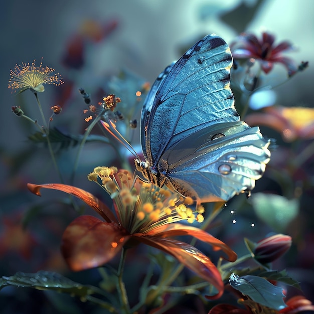 3d rendered photo of A blue butterfly is on a flower with the butterfly on it