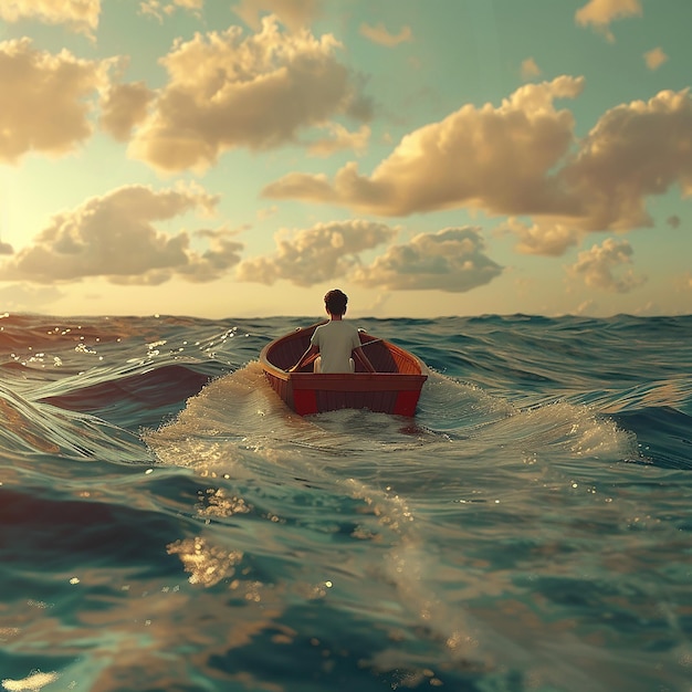 3d rendered photo of Boy Enjoy Driving A Boat In The Middle of The Sea