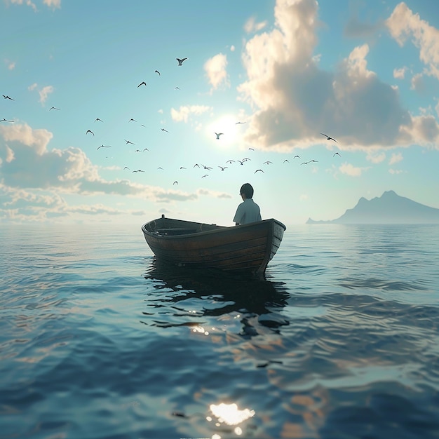 3d rendered photo of Boy Enjoy Driving A Boat In The Middle of The Sea