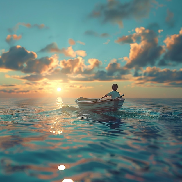 3d rendered photo of Boy Enjoy Driving A Boat In The Middle of The Sea