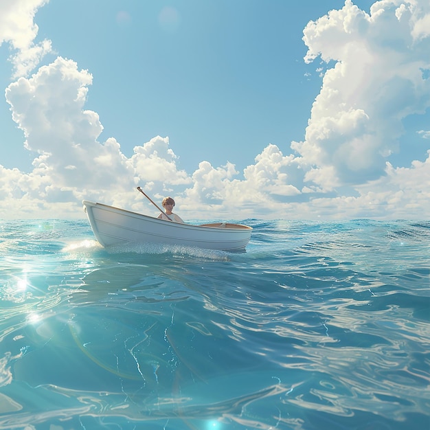 3d rendered photo of Boy Enjoy Driving A Boat In The Middle of The Sea