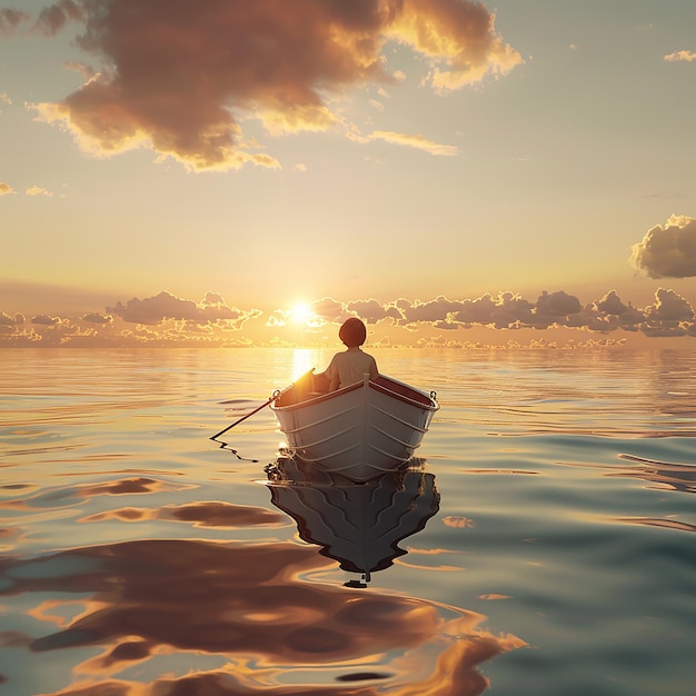 3d rendered photo of Boy Enjoy Driving A Boat In The Middle of The Sea