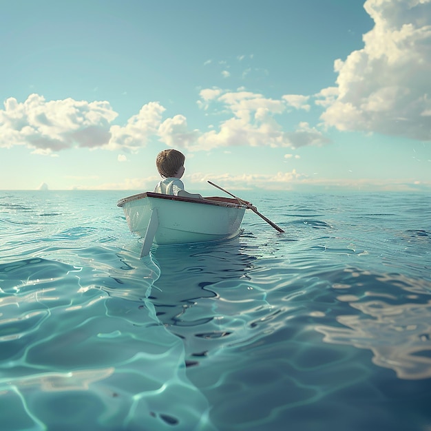 3d rendered photo of Boy Enjoy Driving A Boat In The Middle of The Sea