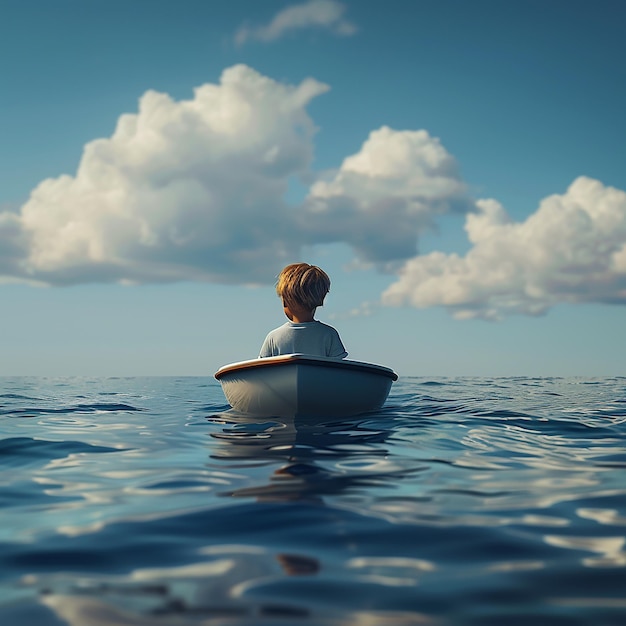 3d rendered photo of Boy Enjoy Driving A Boat In The Middle of The Sea