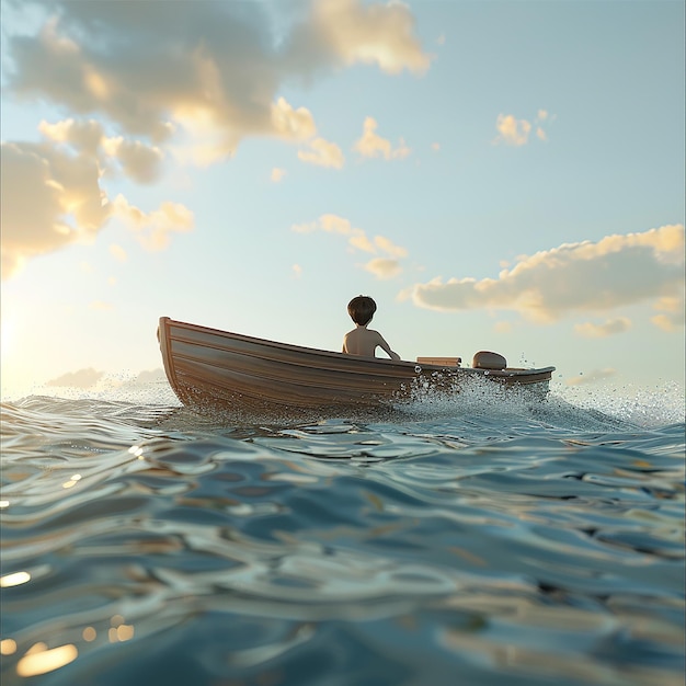 3d rendered photo of Boy Enjoy Driving A Boat In The Middle of The Sea