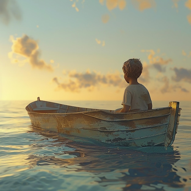 3d rendered photo of Boy Enjoy Driving A Boat In The Middle of The Sea