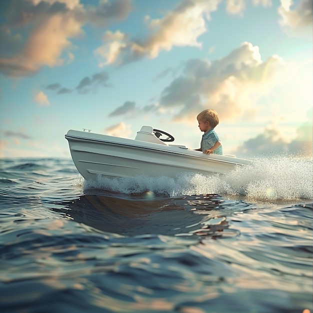 3d rendered photo of Boy Enjoy Driving A Boat In The Middle of The Sea