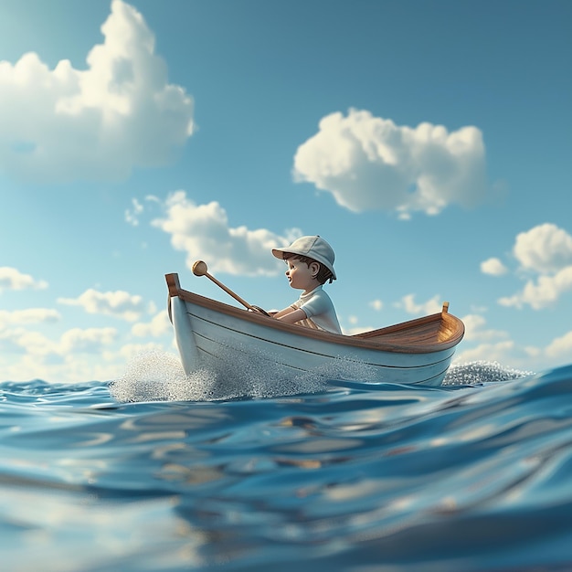 3d rendered photo of Boy Enjoy Driving A Boat In The Middle of The Sea