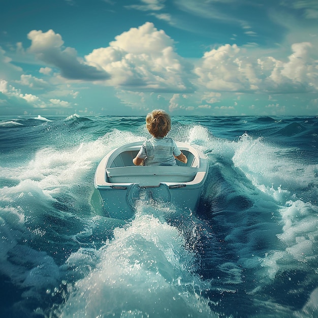 3d rendered photo of Boy Enjoy Driving A Boat In The Middle of The Sea