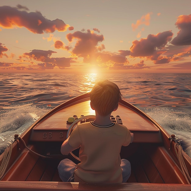 3d rendered photo of Boy Enjoy Driving A Boat In The Middle of The Sea