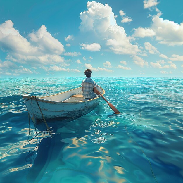 3d rendered photo of Boy Enjoy Driving A Boat In The Middle of The Sea