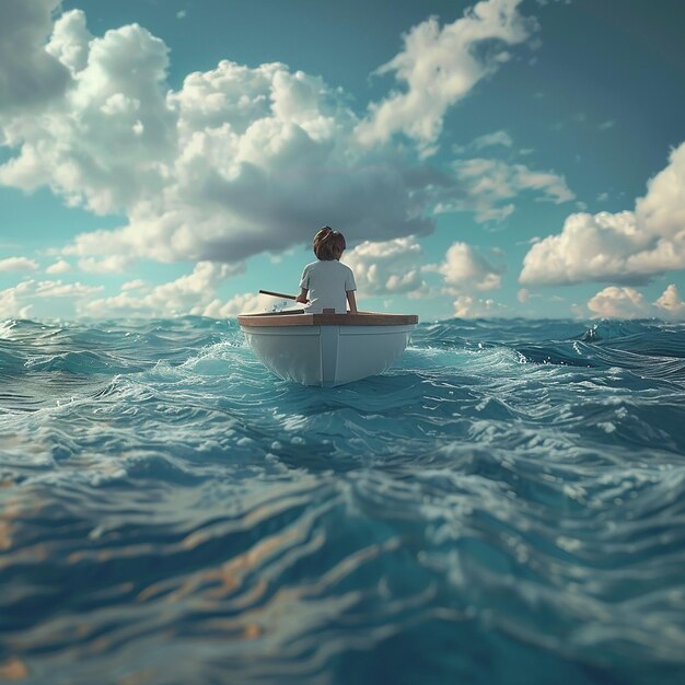 3d rendered photo of Boy Enjoy Driving A Boat In The Middle of The Sea