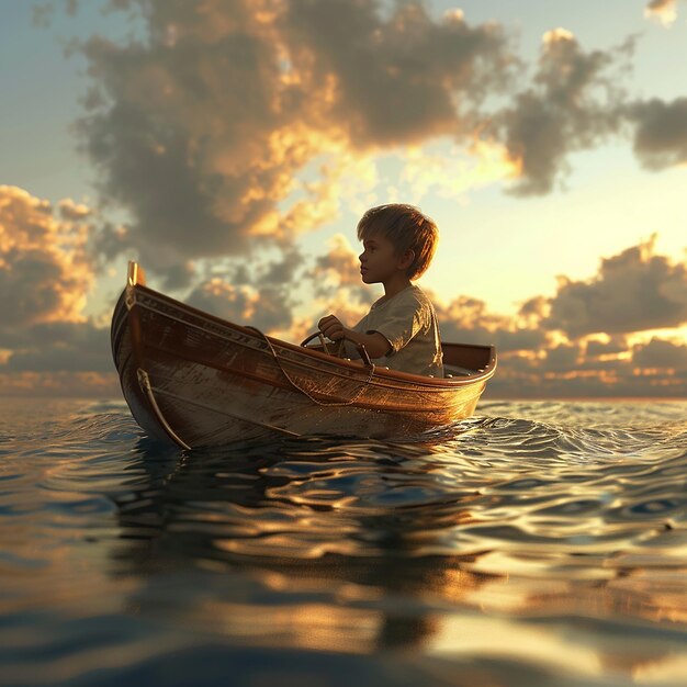 3d rendered photo of Boy Enjoy Driving A Boat In The Middle of The Sea