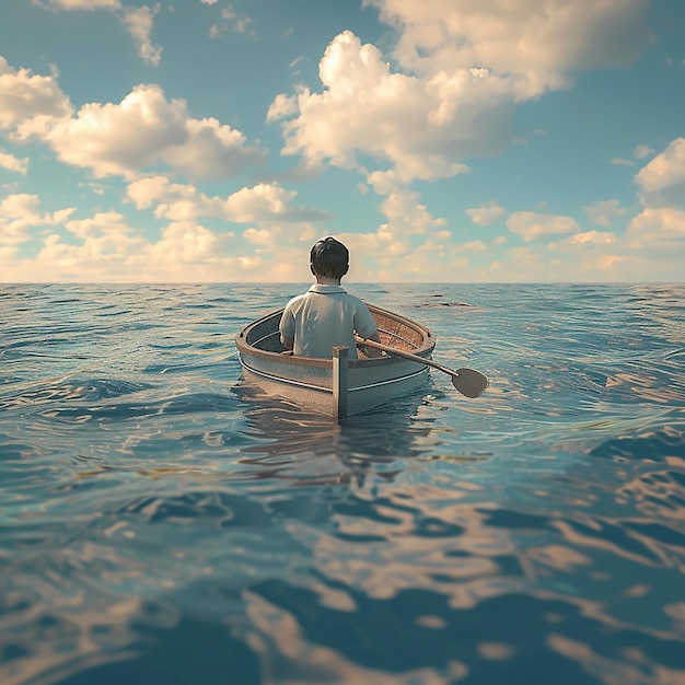 3d rendered photo of Boy Enjoy Driving A Boat In The Middle of The Sea