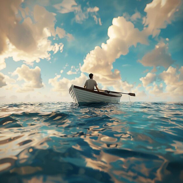 3d rendered photo of Boy Enjoy Driving A Boat In The Middle of The Sea