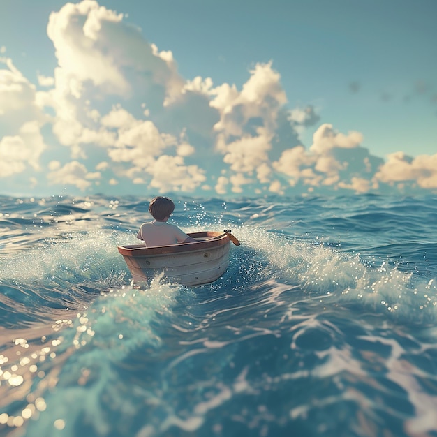 3d rendered photo of Boy Enjoy Driving A Boat In The Middle of The Sea