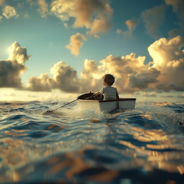 3d rendered photo of Boy Enjoy Driving A Boat In The Middle of The Sea