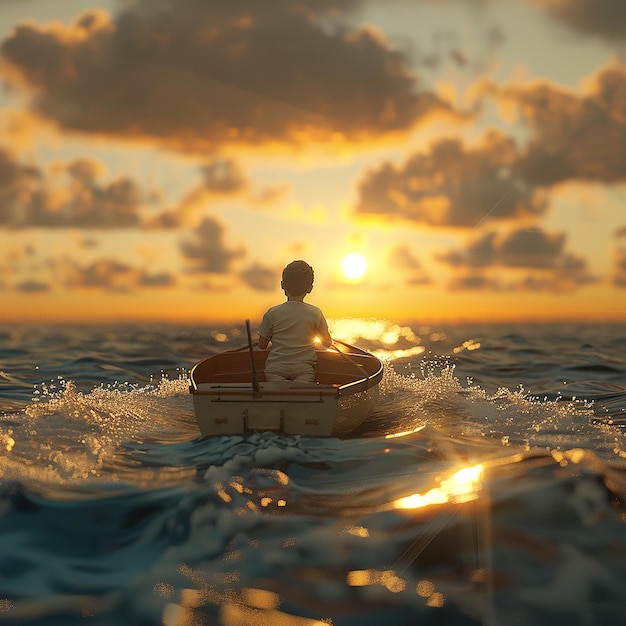 3d rendered photo of Boy Enjoy Driving A Boat In The Middle of The Sea