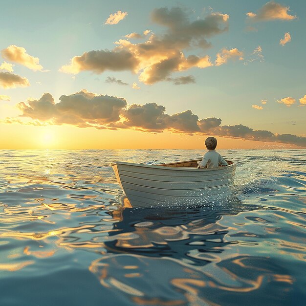 3d rendered photo of Boy Enjoy Driving A Boat In The Middle of The Sea