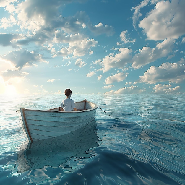 3d rendered photo of Boy Enjoy Driving A Boat In The Middle of The Sea