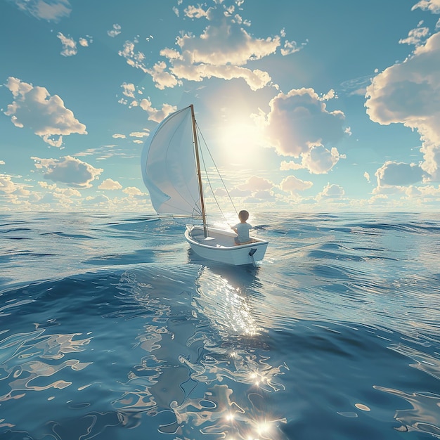 3d rendered photo of Boy Enjoy Driving A Boat In The Middle of The Sea