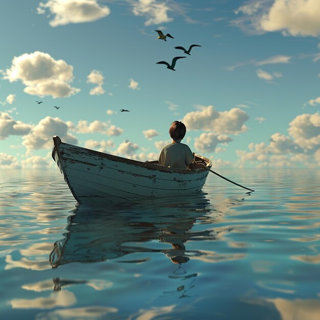 3d rendered photo of Boy Enjoy Driving A Boat In The Middle of The Sea