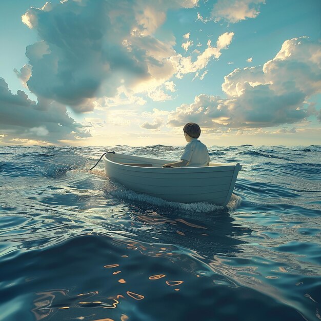 3d rendered photo of Boy Enjoy Driving A Boat In The Middle of The Sea