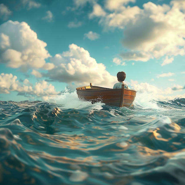 3d rendered photo of Boy Enjoy Driving A Boat In The Middle of The Sea