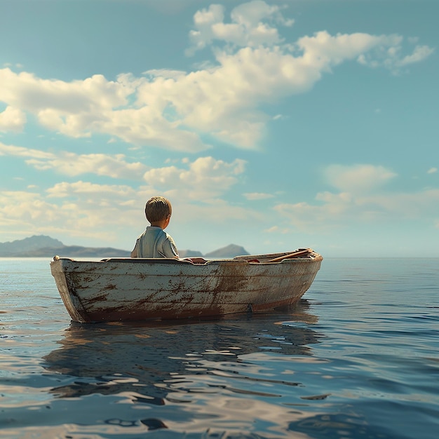 3d rendered photo of Boy Enjoy Driving A Boat In The Middle of The Sea