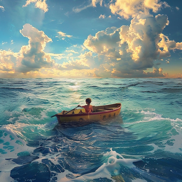 3d rendered photo of Boy Enjoy Driving A Boat In The Middle of The Sea