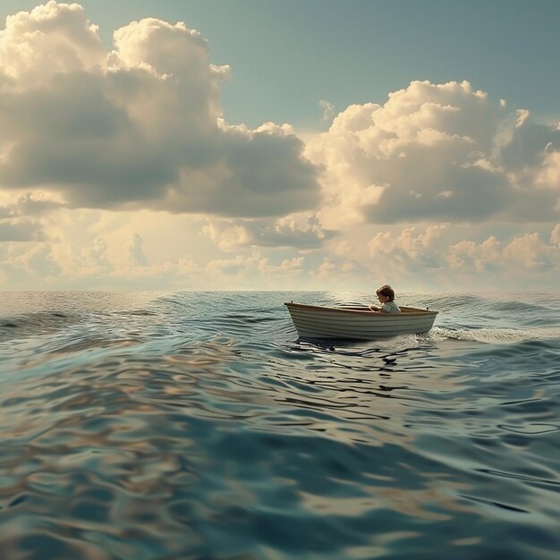 3d rendered photo of Boy Enjoy Driving A Boat In The Middle of The Sea