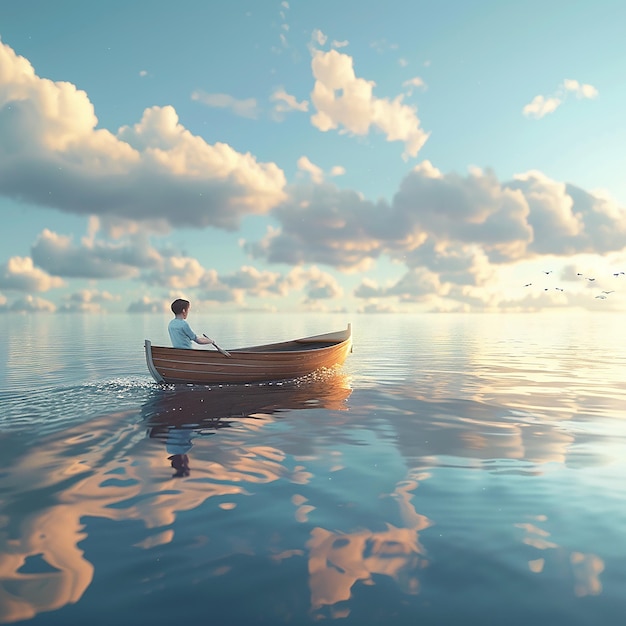 3d rendered photo of Boy Enjoy Driving A Boat In The Middle of The Sea