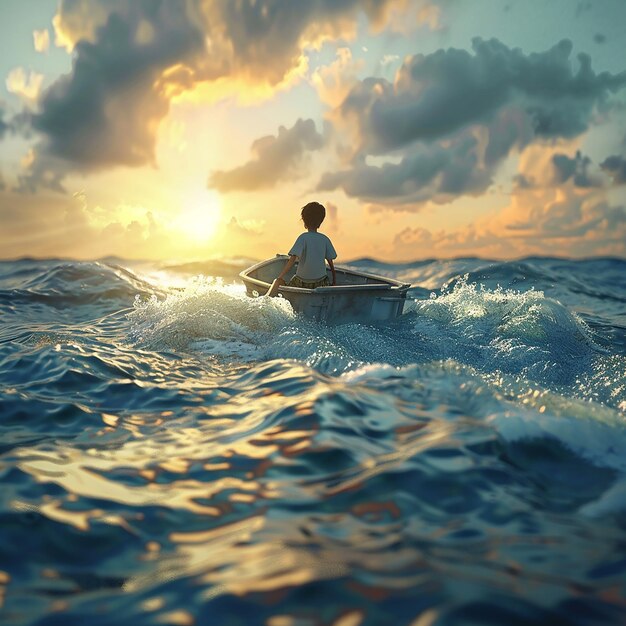 3d rendered photo of Boy Enjoy Driving A Boat In The Middle of The Sea