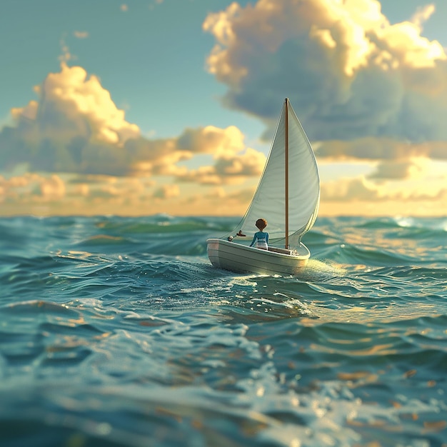 3d rendered photo of Boy Enjoy Driving A Boat In The Middle of The Sea