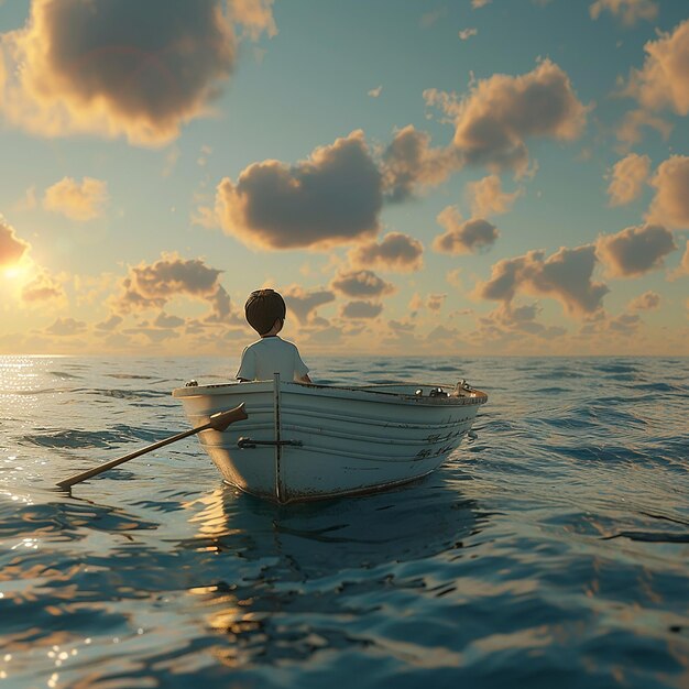 3d rendered photo of Boy Enjoy Driving A Boat In The Middle of The Sea