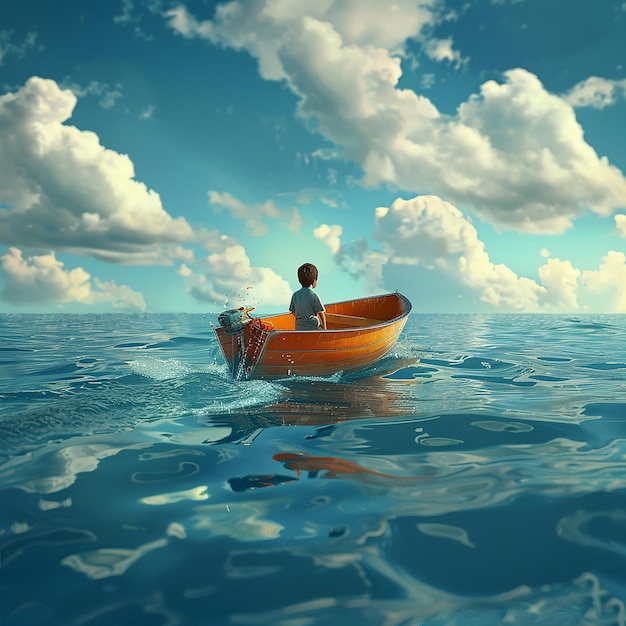 3d rendered photo of Boy Enjoy Driving A Boat In The Middle of The Sea