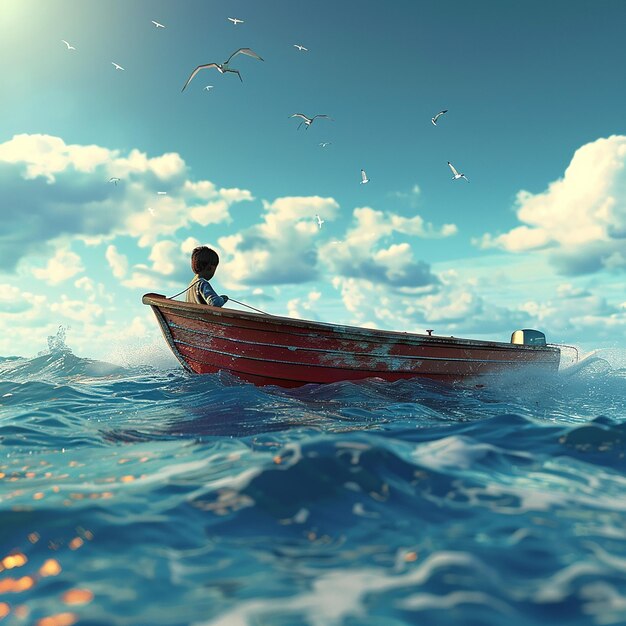 3d rendered photo of Boy Enjoy Driving A Boat In The Middle of The Sea