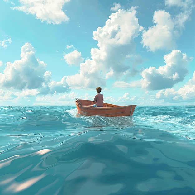 3d rendered photo of Boy Enjoy Driving A Boat In The Middle of The Sea