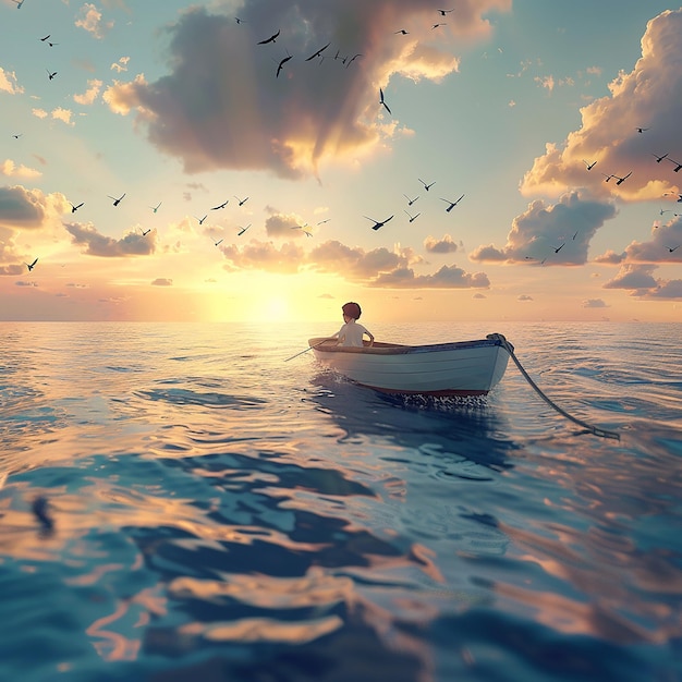 3d rendered photo of Boy Enjoy Driving A Boat In The Middle of The Sea