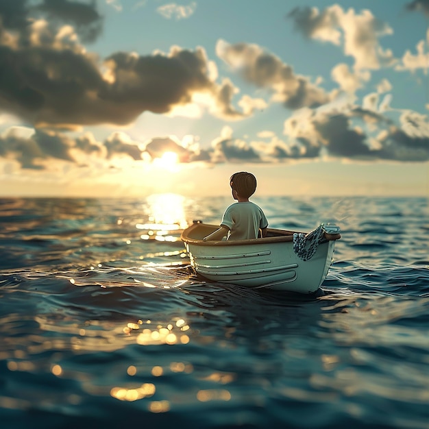 3d rendered photo of Boy Enjoy Driving A Boat In The Middle of The Sea