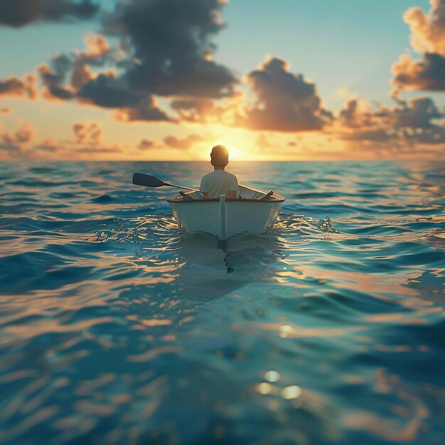 3d rendered photo of Boy Enjoy Driving A Boat In The Middle of The Sea