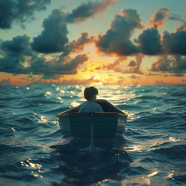 3d rendered photo of Boy Enjoy Driving A Boat In The Middle of The Sea