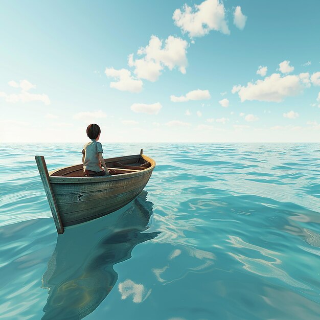 3d rendered photo of Boy Enjoy Driving A Boat In The Middle of The Sea