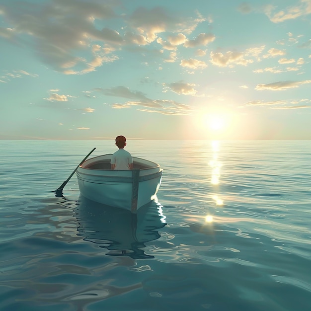 3d rendered photo of Boy Enjoy Driving A Boat In The Middle of The Sea