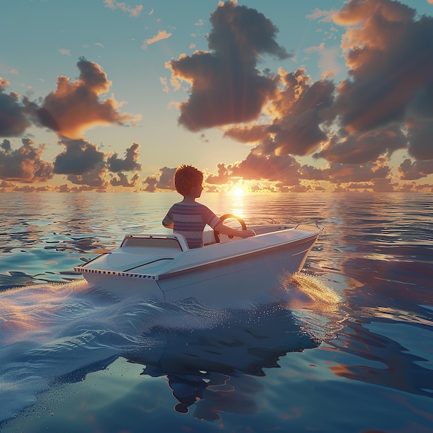 3d rendered photo of Boy Enjoy Driving A Boat In The Middle of The Sea