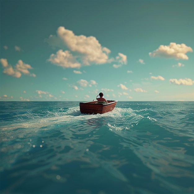 3d rendered photo of Boy Enjoy Driving A Boat In The Middle of The Sea