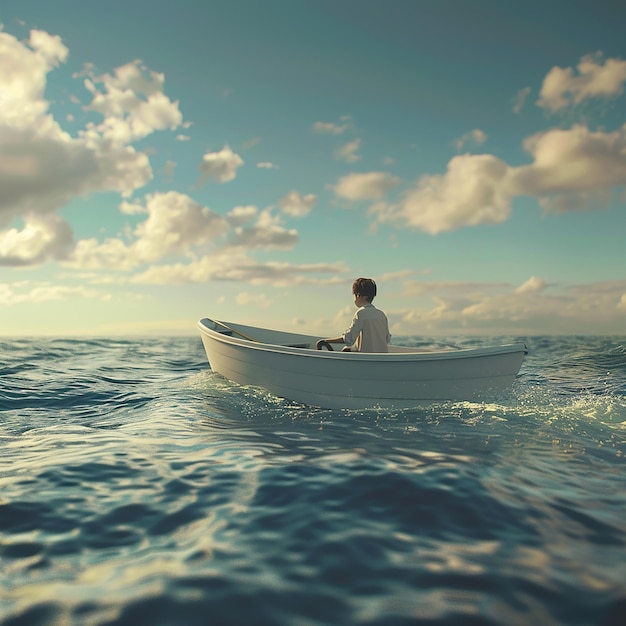 3d rendered photo of Boy Enjoy Driving A Boat In The Middle of The Sea